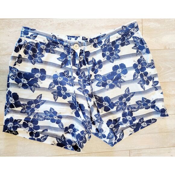 Tommy Bahama M Floral Linen Shorts Womens Tropical Blue White Pckts Button & Zip - Picture 1 of 6
